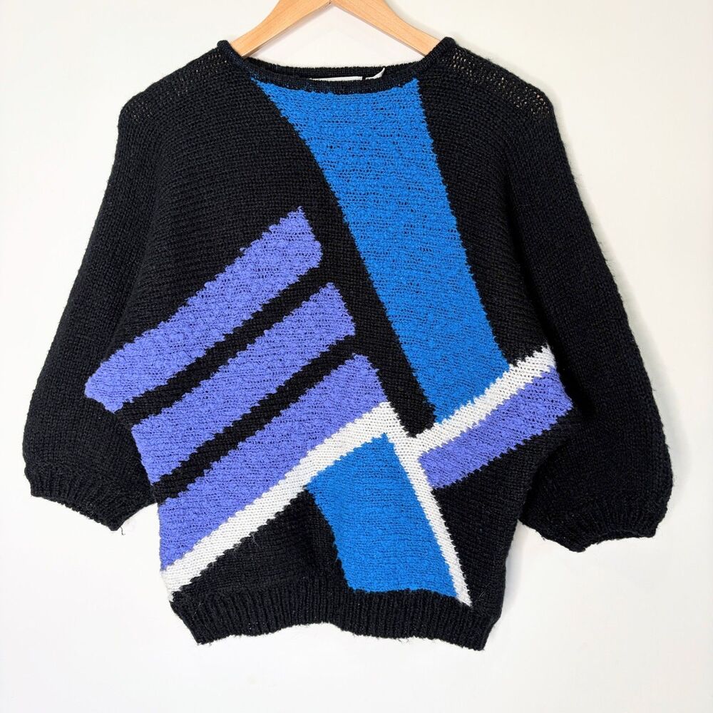 Vintage j.s.fashion Sweater Retro 80s Color Block Black Blue Purple Women M P